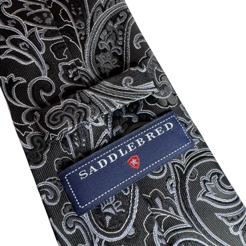 Saddlebred Paisley dark grey silver necktie men’s tie silk blend - Picture 2 of 5